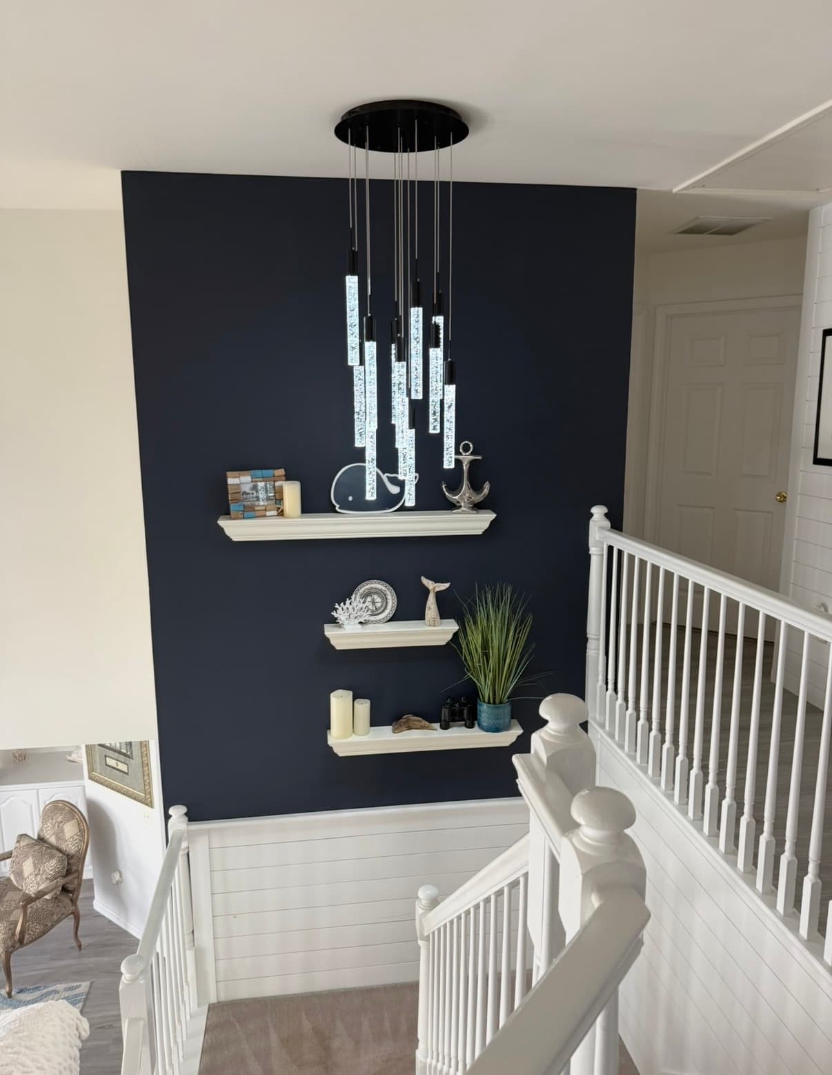 Bayville Waterfront: Navy feature wall and pendant lighting detail